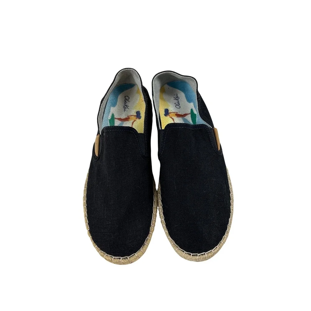 OluKai Kaula Pa'a Kapa Black Linen Espadrille Slip On Shoes Womens 6.5